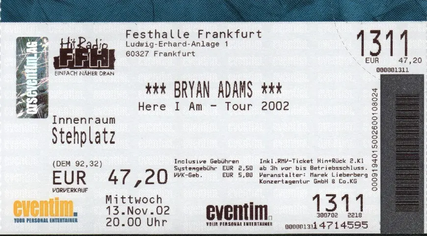 Ticket Bryan Adams auf der Here I Am Tour 2002 in der Festhalle Frankfurt