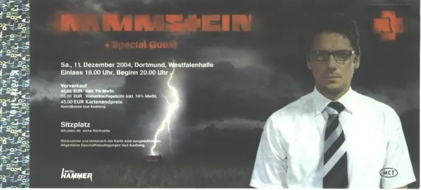 Ticketvorderseite für Rammstein in der Westfalenhalle Dortmund am 11. Dezember 2004