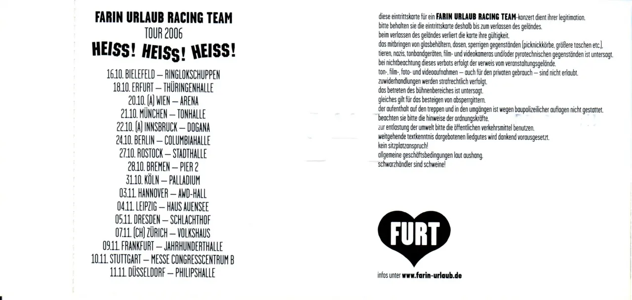 Ticket Rückseite mit Tourdaten der Farin Urlaub Racing Team Heiss! Heiss! Heiss! Tour 2006