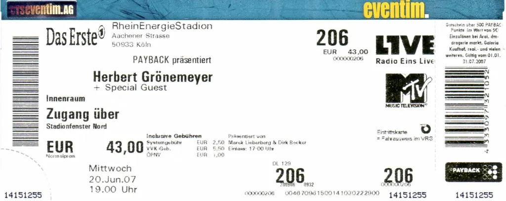Ticket für Herbert Grönemeyer auf der 12 Open Air Tour im RheinEnergieStadion Köln am 20. Juni 2007