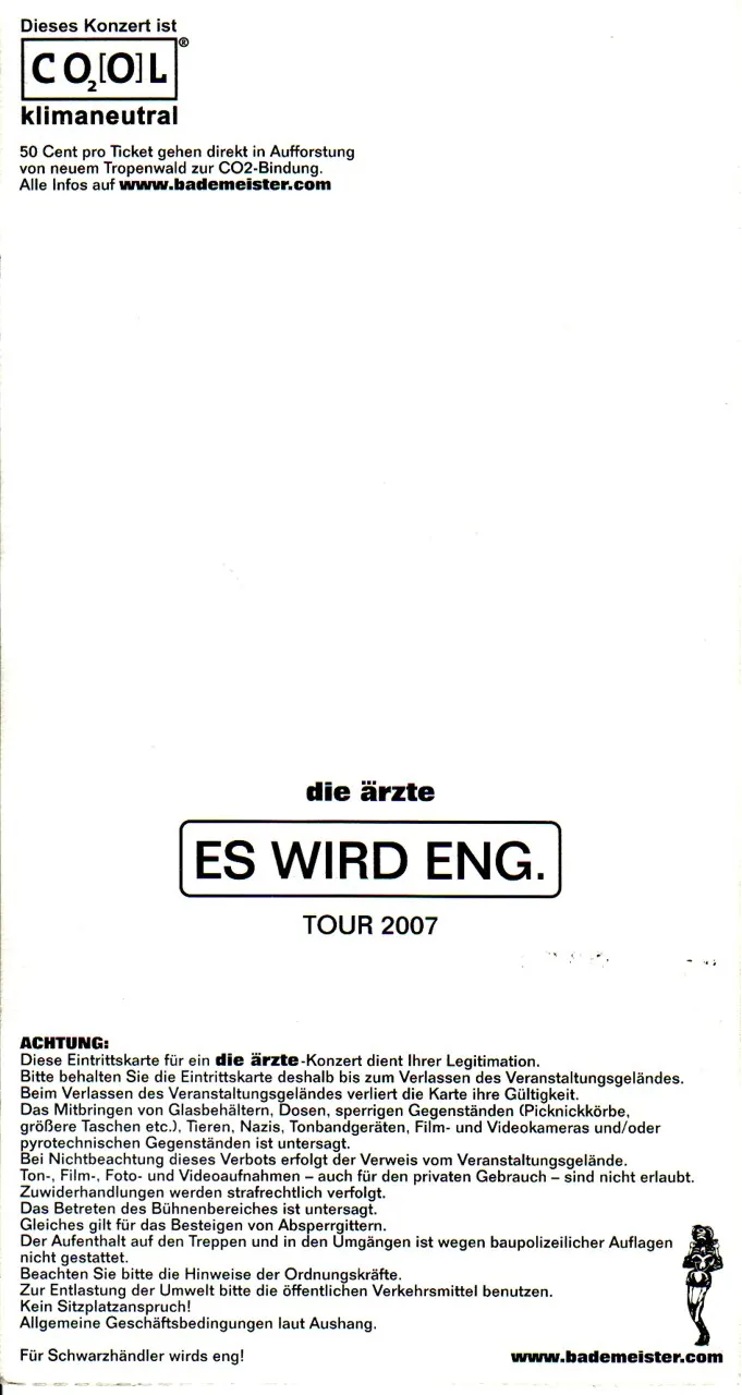 Ticketrückseite für die ärzte auf der Es wird Eng Tour in der Westfalenhalle Dortmund