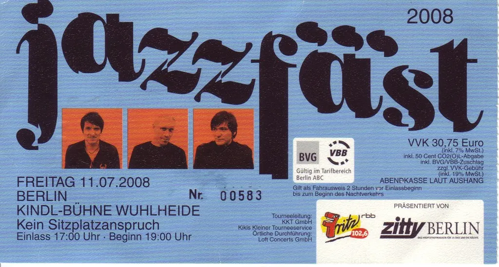 Ticketvorderseite für die ärzte auf dem Jäzzfäst in der Kindl-Bühne Wuhlheide Berlin am 11. Juli 2008
