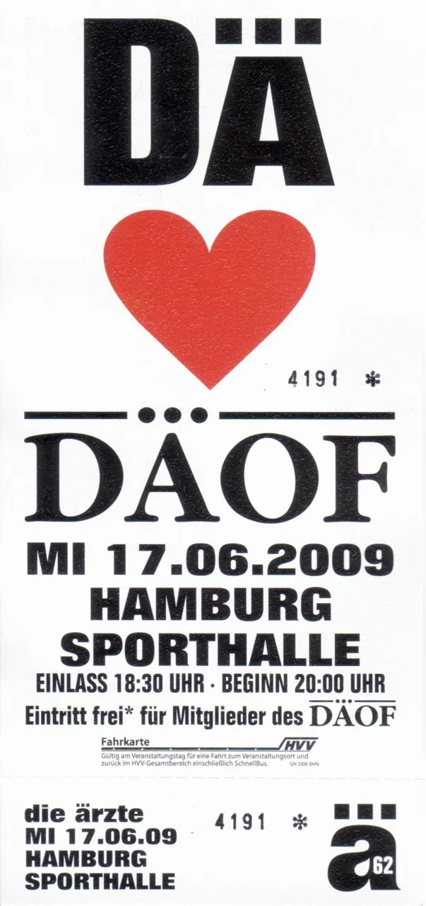 Ticketvorderseite für das kostenlose DÄOF-Fanclub-Konzert von die ärzte in der Sporthalle Hamburg am 17. Juni 2009