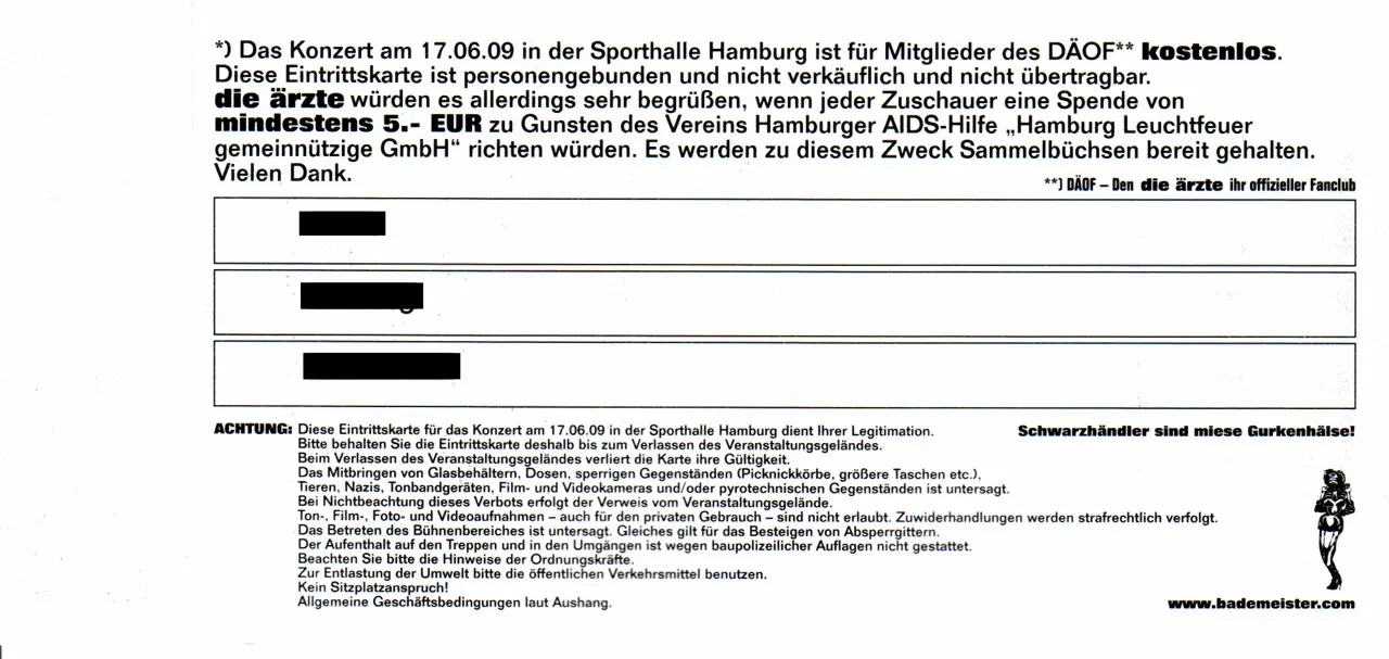 Ticketrückseite für das DÄOF-Fanclub-Konzert von die ärzte mit Spendenhinweis