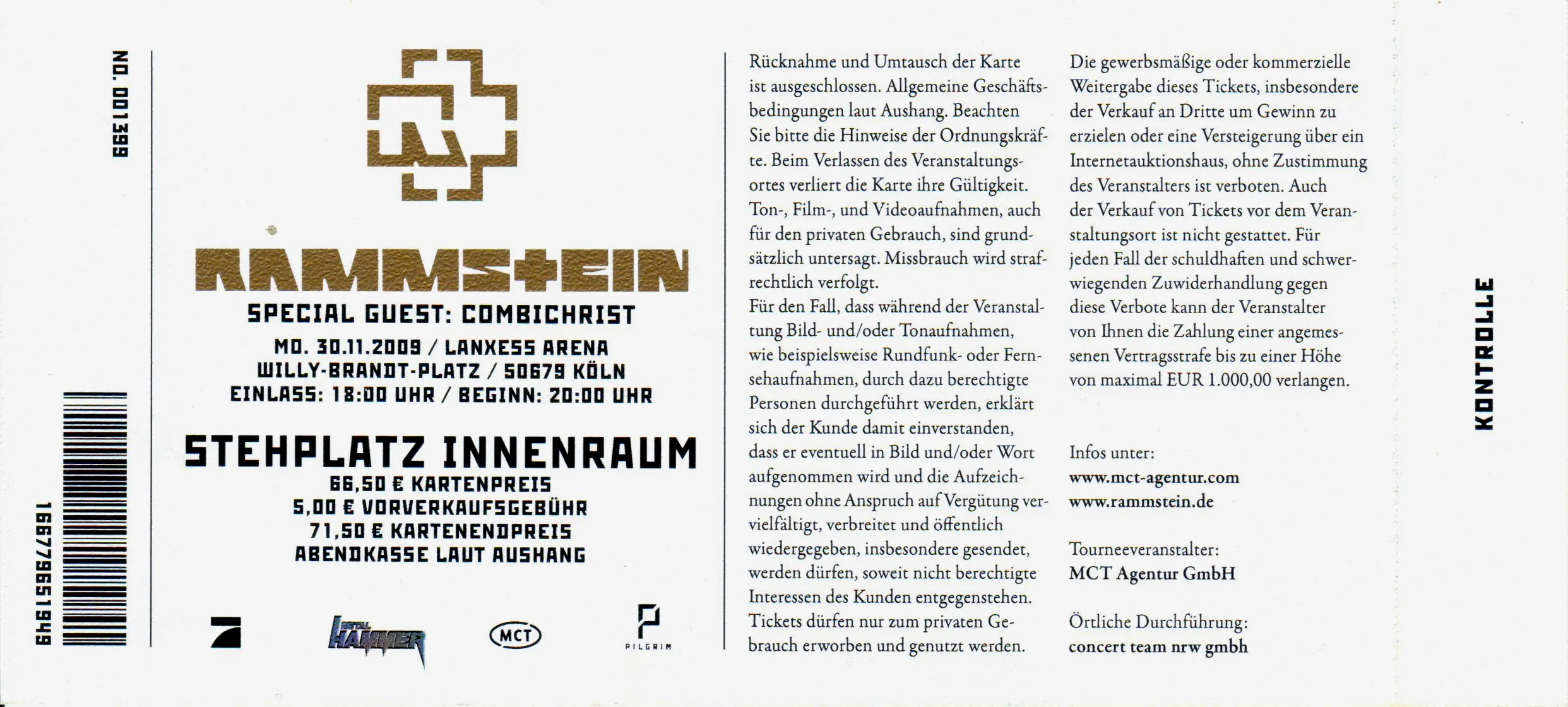 Ticketrückseite für Rammstein in der Lanxess-Arena Köln mit Combichrist als Support