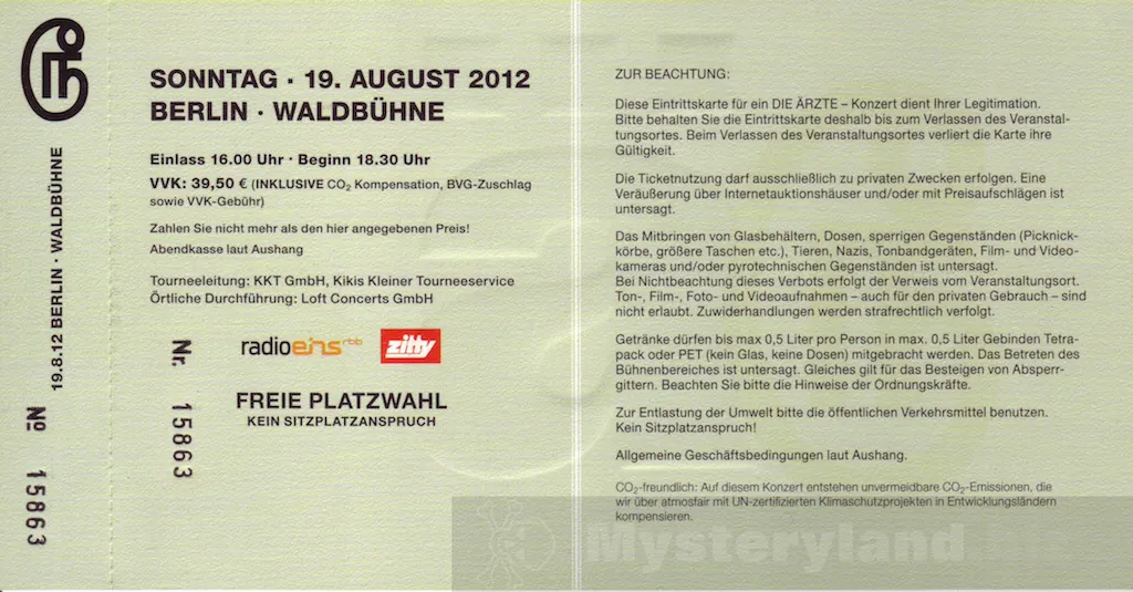 Ticketrückseite für die ärzte in der Waldbühne Berlin