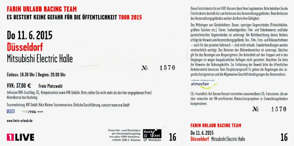 Ticket Rückseite Farin Urlaub Racing Team in Düsseldorf